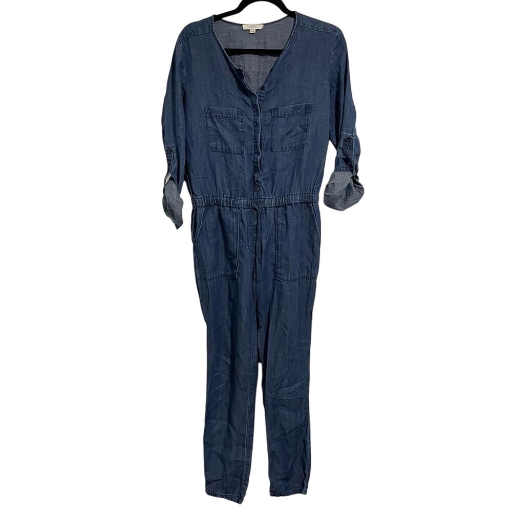 Loft Blue Chambray Utility Style Roll Sleeve Jumpsuit Womens XS Casual Blue